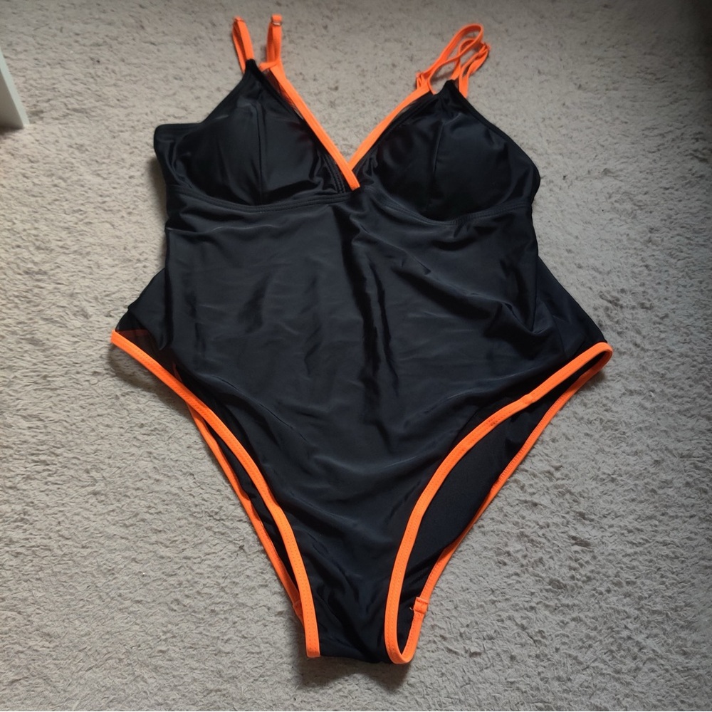 Women Black Swimsuit Orange Trim Piping One Piece Double Strap Mesh